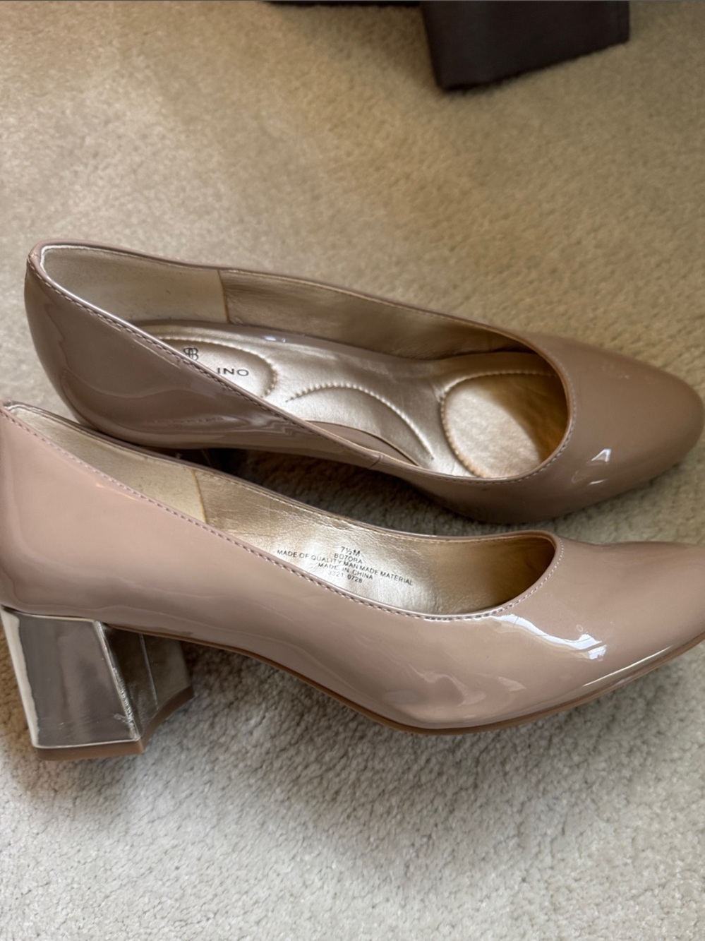 Bandolino Patent Block Heel Pumps in Nude